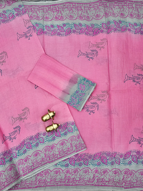 Pure Cotton with Hand Block  Prints - Pink with Grey