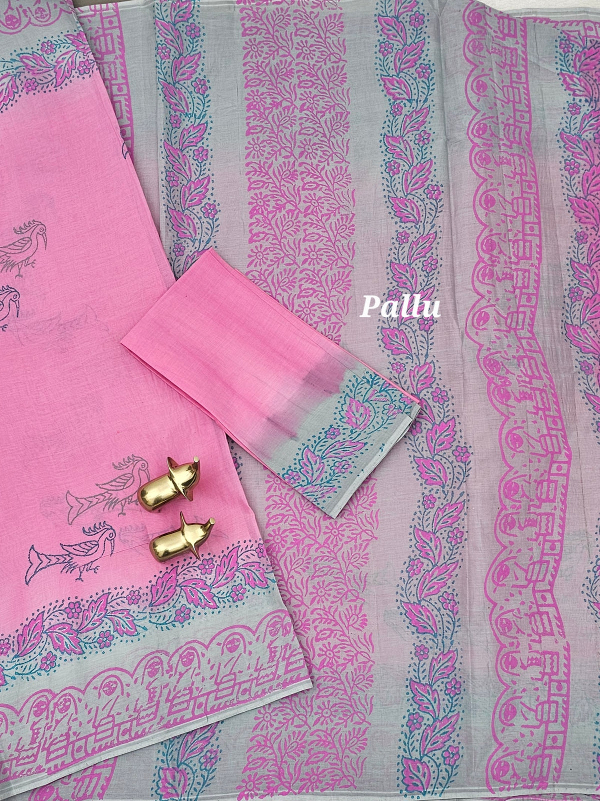 Pure Cotton with Hand Block  Prints - Pink with Grey