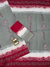 Pure Cotton with Hand Block  Prints -  Grey with Maroon