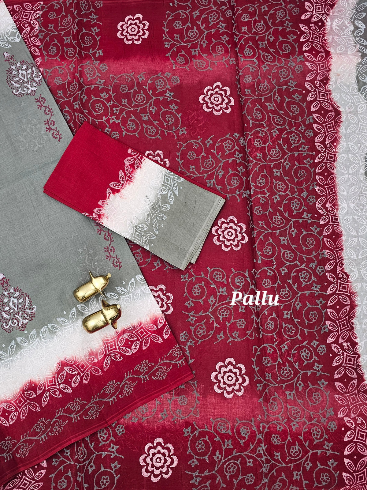 Pure Cotton with Hand Block  Prints -  Grey with Maroon