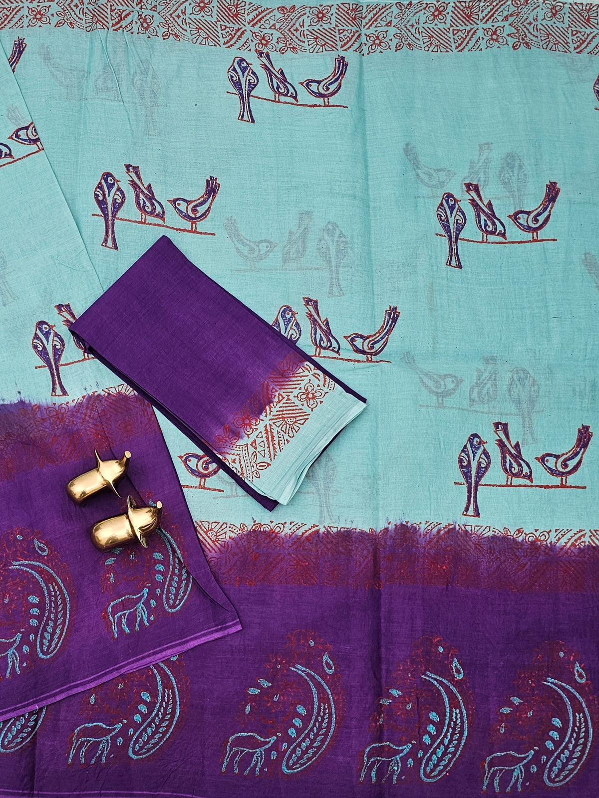 Pure Cotton with Hand Block  Prints - Sea Green with Purple