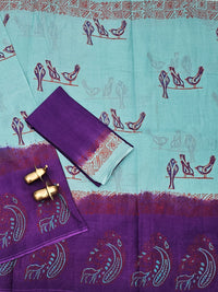 Pure Cotton with Hand Block  Prints - Sea Green with Purple