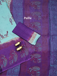 Pure Cotton with Hand Block  Prints - Sea Green with Purple