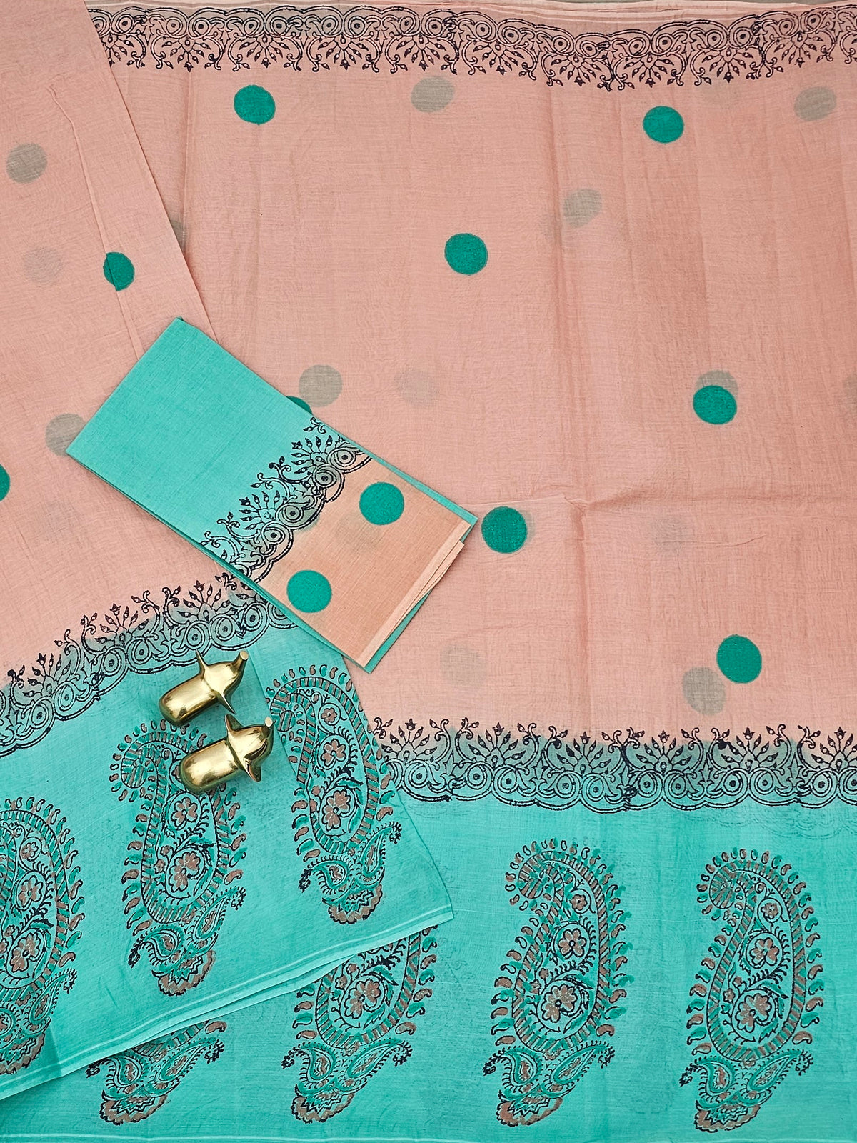 Pure Cotton with Hand Block  Prints - Peach with Sea Green