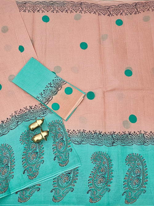 Pure Cotton with Hand Block  Prints - Peach with Sea Green