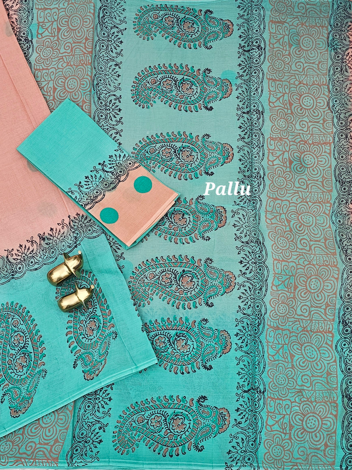 Pure Cotton with Hand Block  Prints - Peach with Sea Green