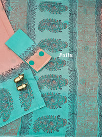 Pure Cotton with Hand Block  Prints - Peach with Sea Green