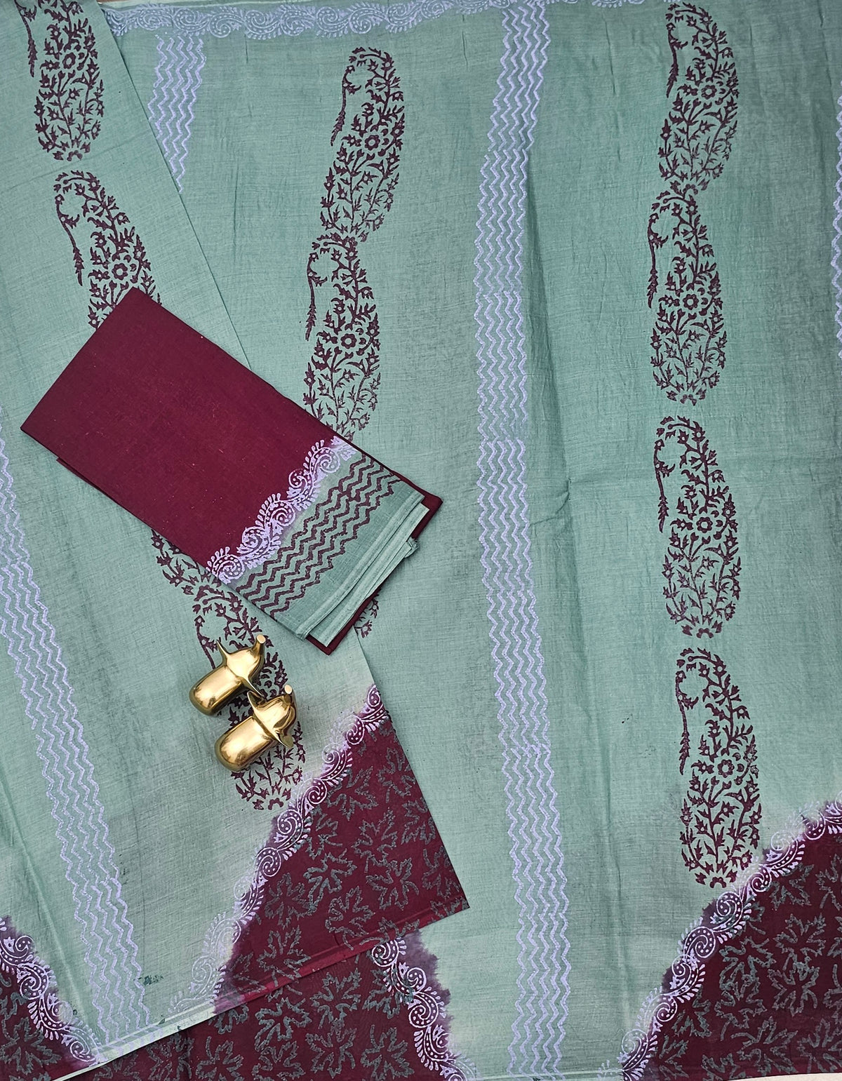 Pure Cotton with Hand Block  Prints - Greyish Green with Dark Wine