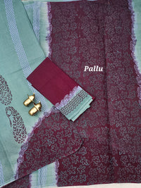 Pure Cotton with Hand Block  Prints - Greyish Green with Dark Wine
