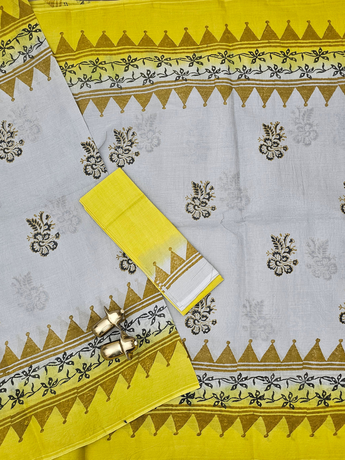 Pure Cotton with Hand Block  Prints - Light Grey with Yellow