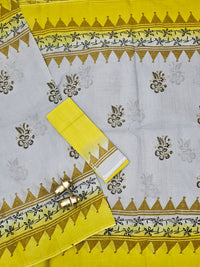 Pure Cotton with Hand Block  Prints - Light Grey with Yellow