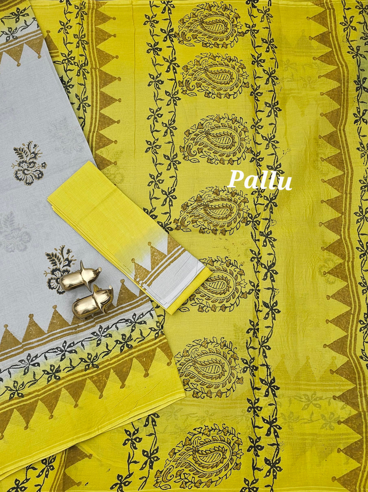 Pure Cotton with Hand Block  Prints - Light Grey with Yellow