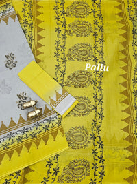 Pure Cotton with Hand Block  Prints - Light Grey with Yellow