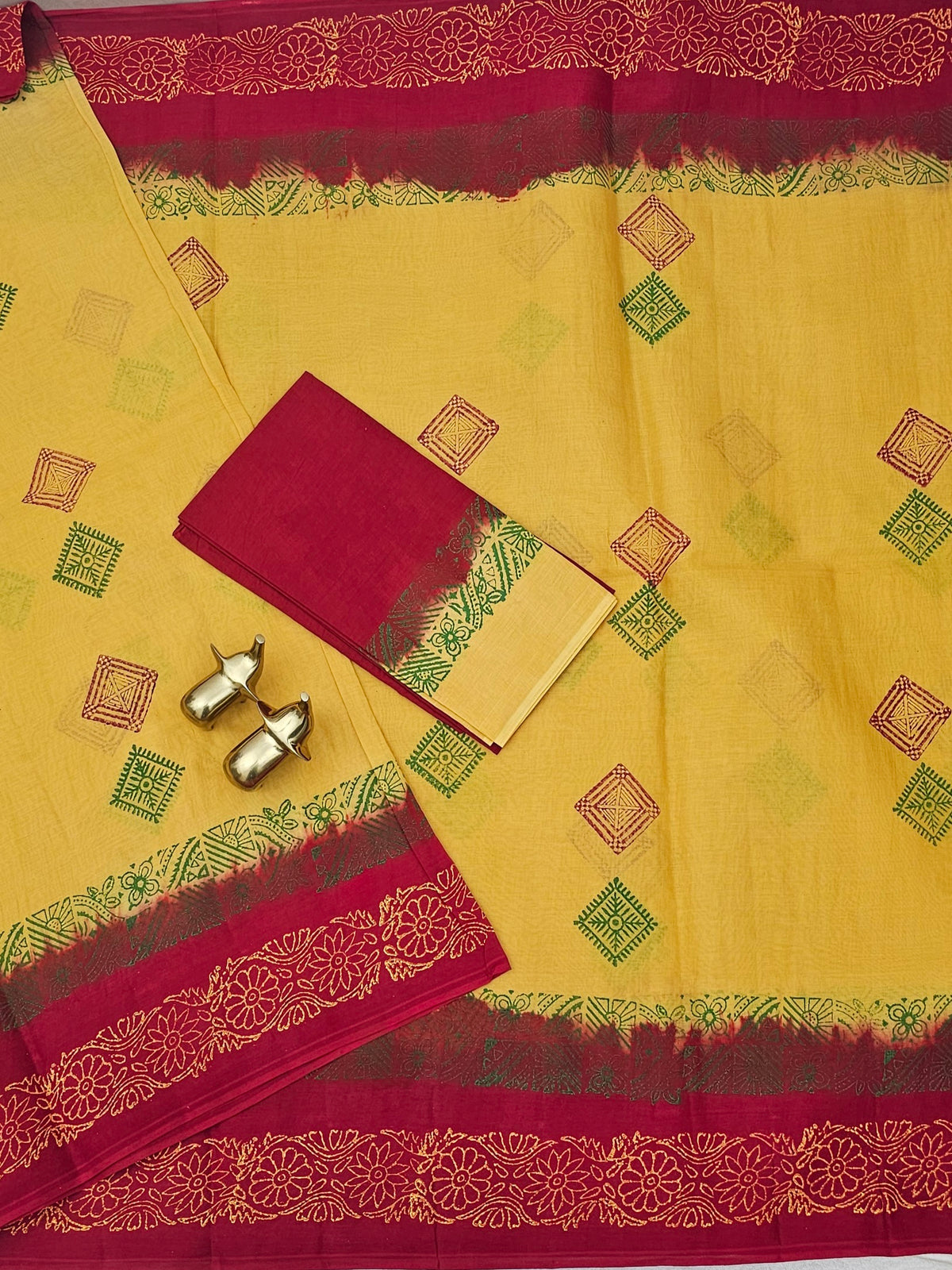 Pure Cotton with Hand Block  Prints - Yellow with Red