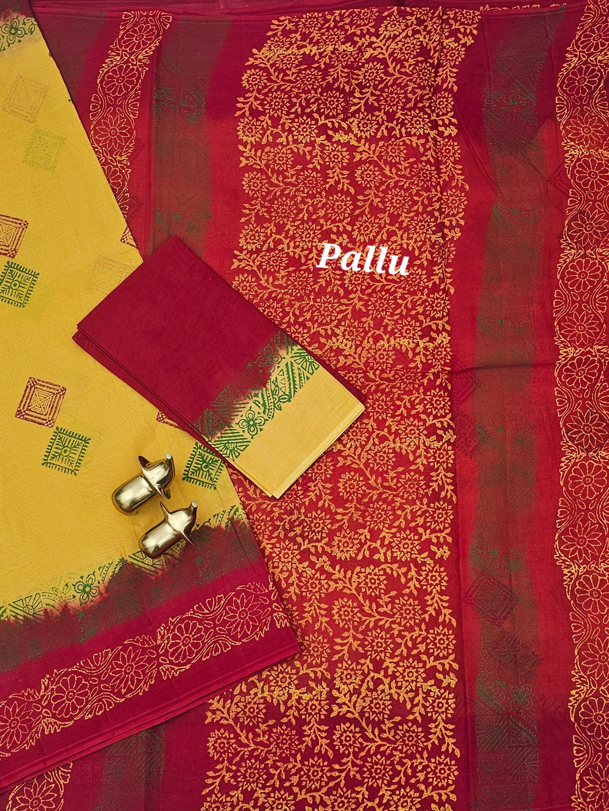 Pure Cotton with Hand Block  Prints - Yellow with Red