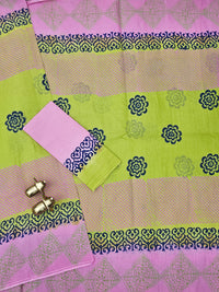 Pure Cotton with Hand Block  Prints - Green with Pink