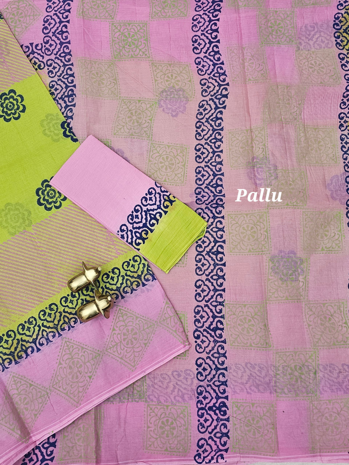 Pure Cotton with Hand Block  Prints - Green with Pink