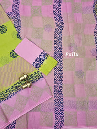 Pure Cotton with Hand Block  Prints - Green with Pink