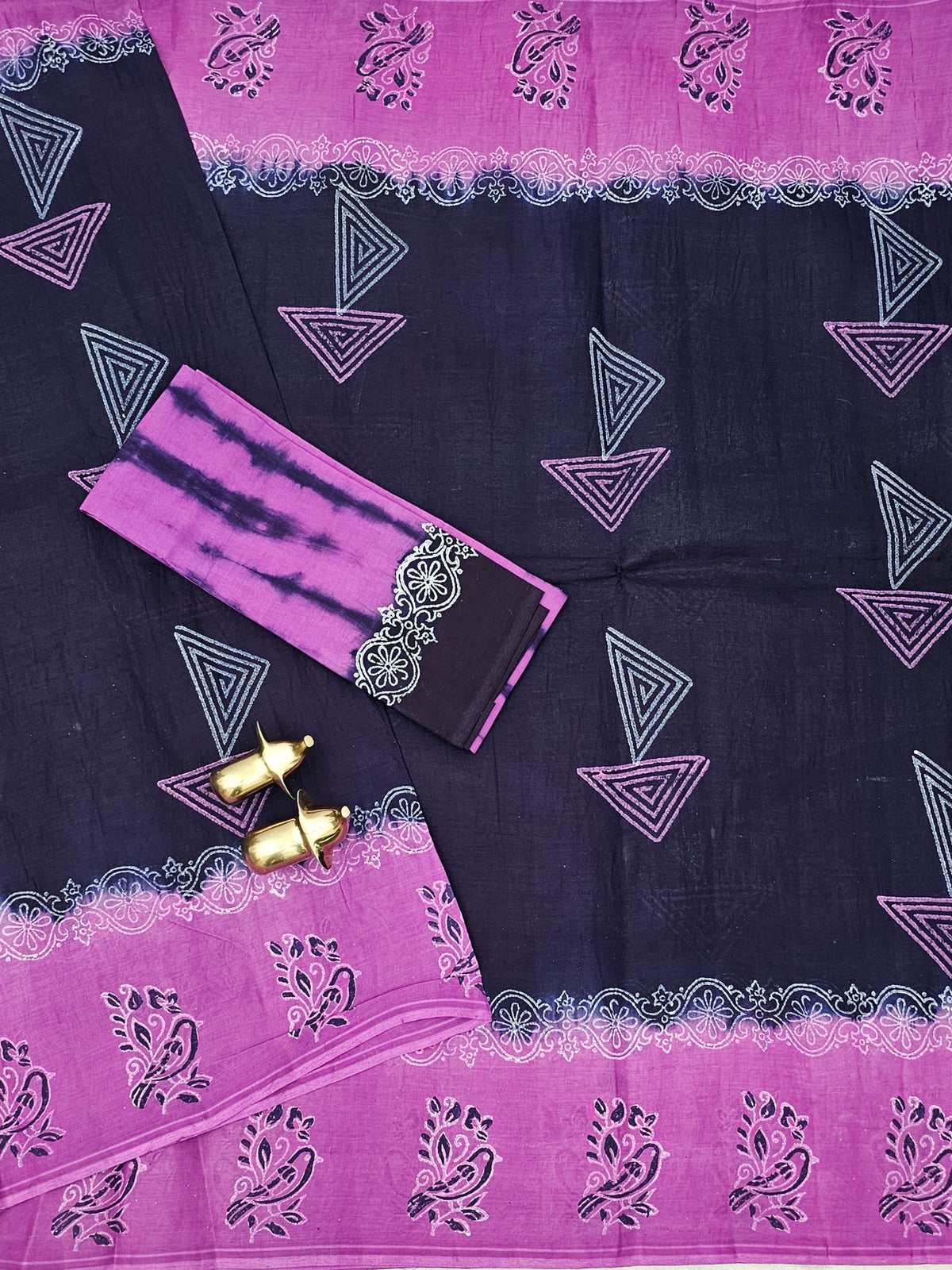Pure Cotton with Hand Block  Prints - Black with Purple