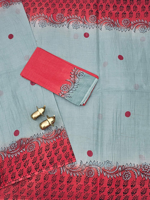 Pure Cotton with Hand Block  Prints - Grey with Maroon