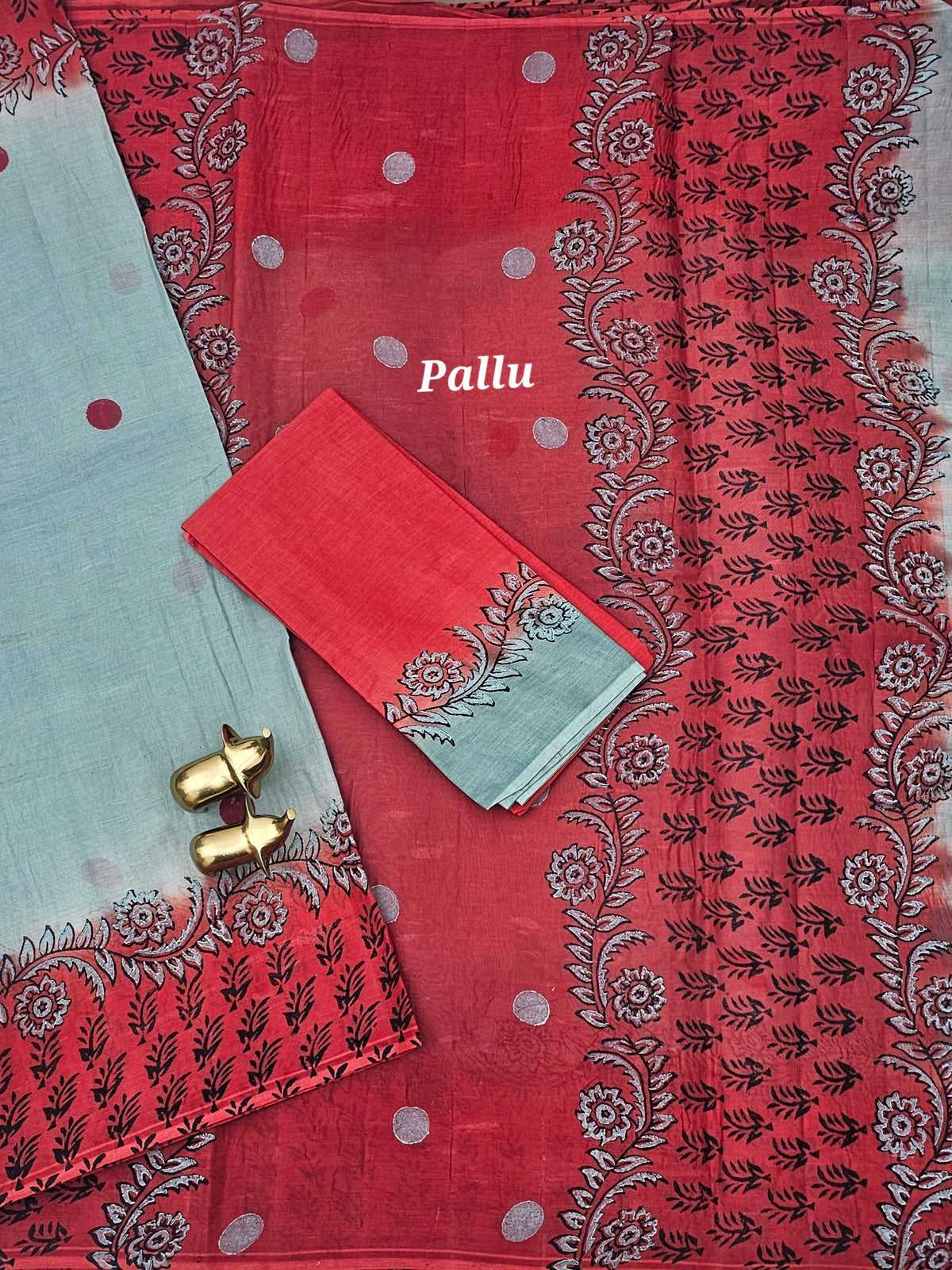 Pure Cotton with Hand Block  Prints - Grey with Maroon