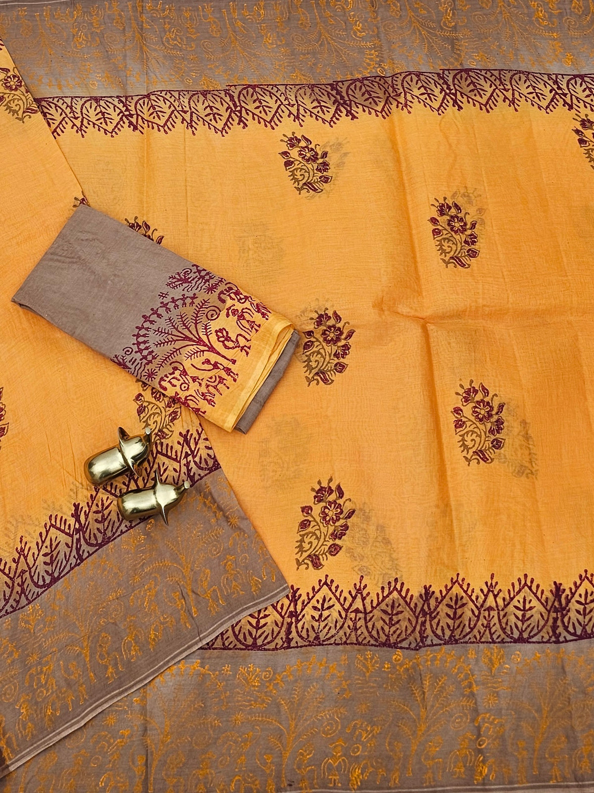 Pure Cotton with Hand Block  Prints - Orange with Dark Beige