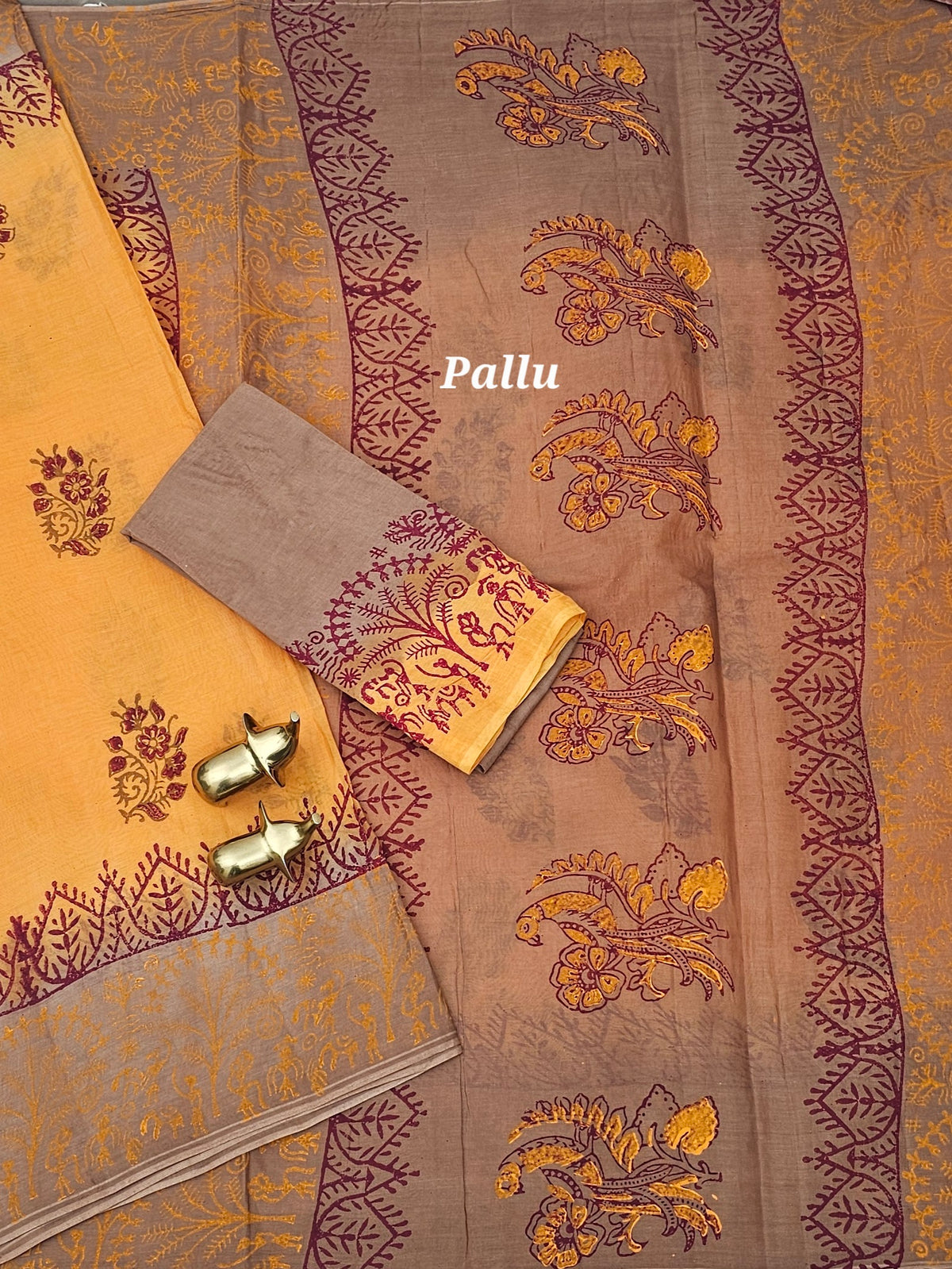 Pure Cotton with Hand Block  Prints - Orange with Dark Beige