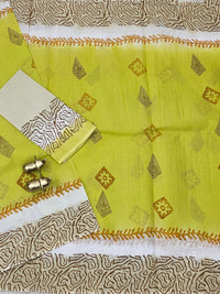 Pure Cotton with Hand Block  Prints - Lime Yellow with Ivory Cream