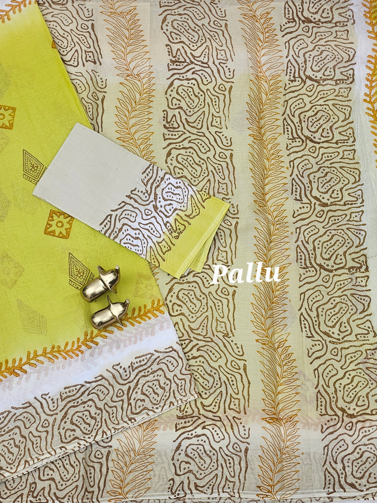 Pure Cotton with Hand Block  Prints - Lime Yellow with Ivory Cream