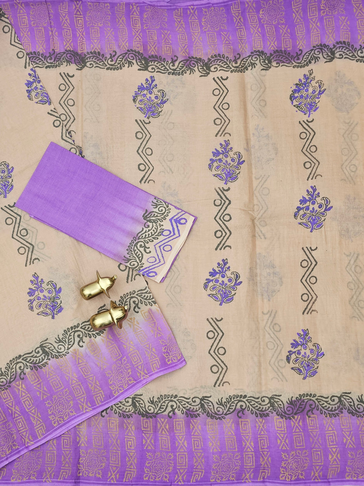 Pure Cotton with Hand Block  Prints - Cream with Lavender