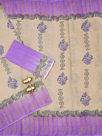 Pure Cotton with Hand Block  Prints - Cream with Lavender