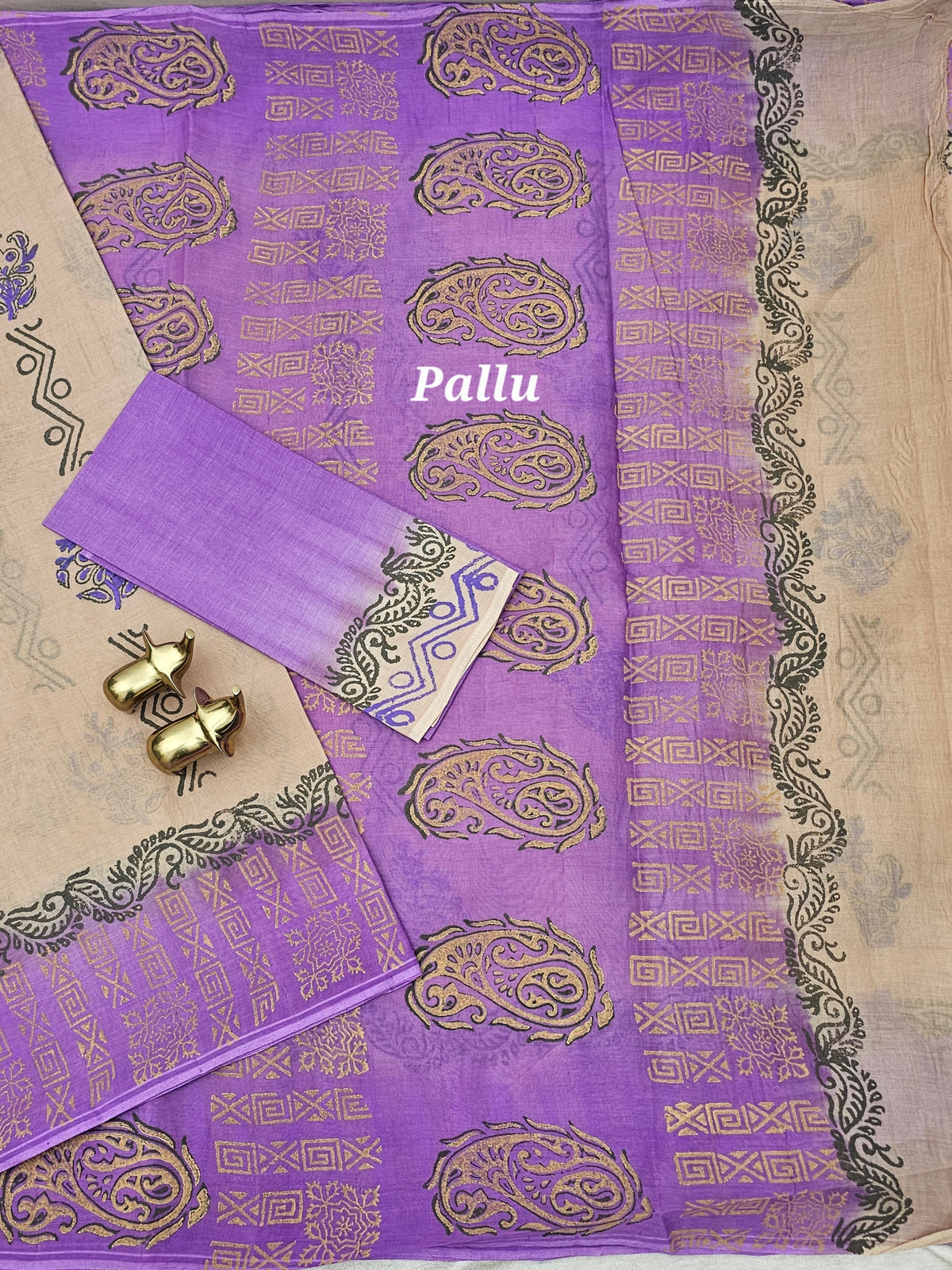 Pure Cotton with Hand Block  Prints - Cream with Lavender