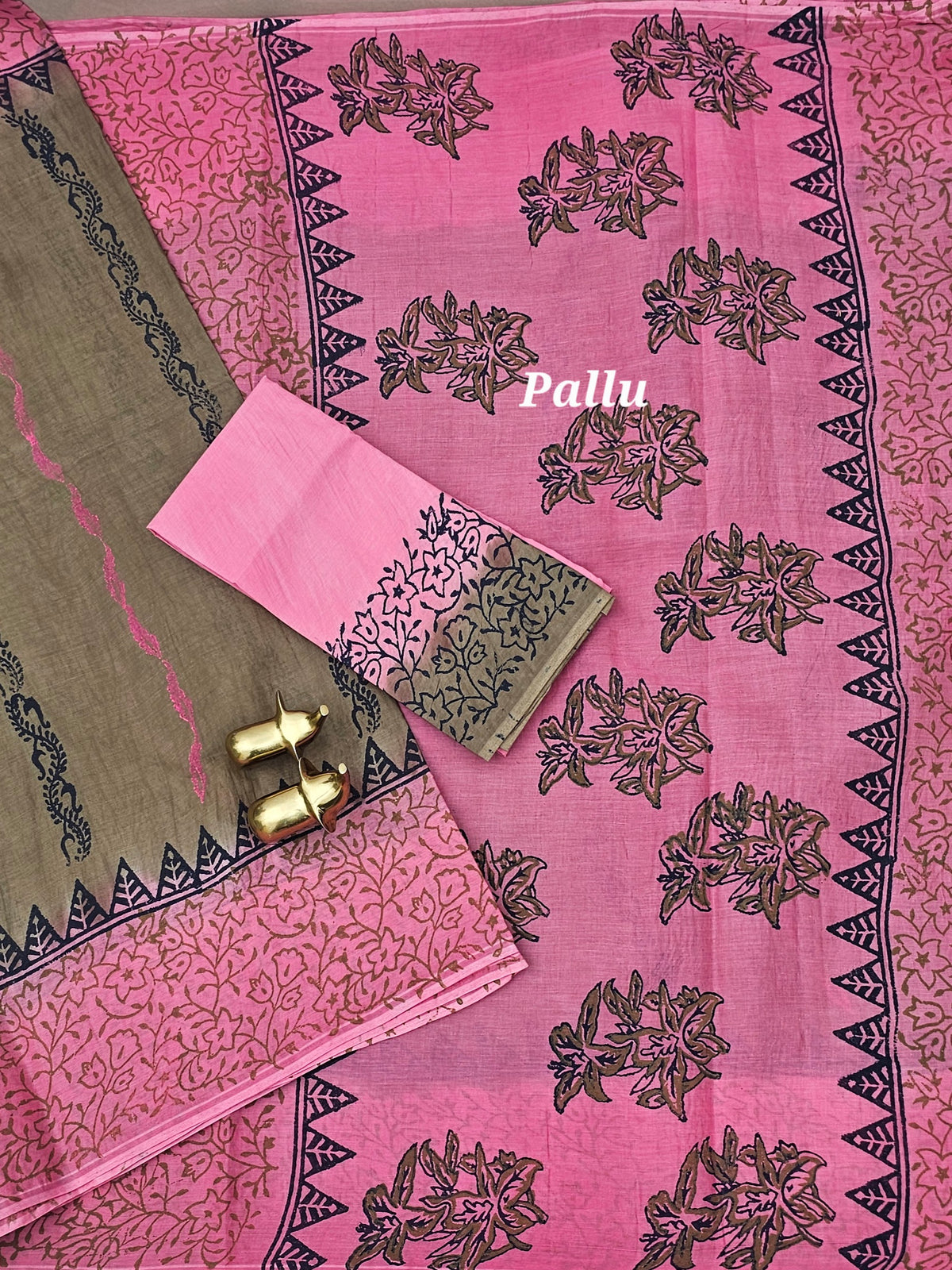 Pure Cotton with Hand Block  Prints - Dark Beige with Pink
