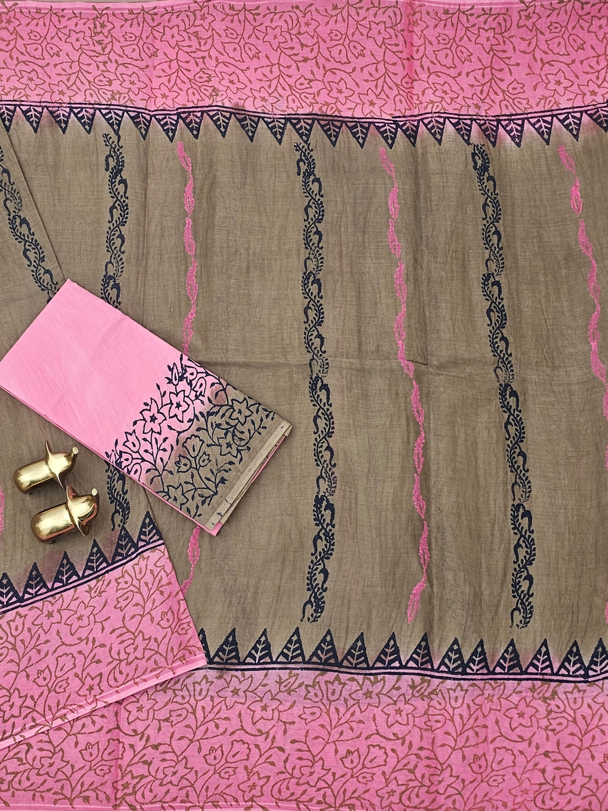 Pure Cotton with Hand Block  Prints - Dark Beige with Pink