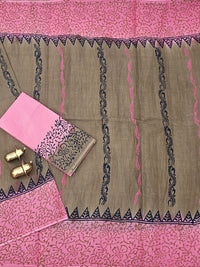 Pure Cotton with Hand Block  Prints - Dark Beige with Pink