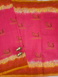 Pure Munga Checks Cotton with Hand Block Printed Sarees - Pink with Orange