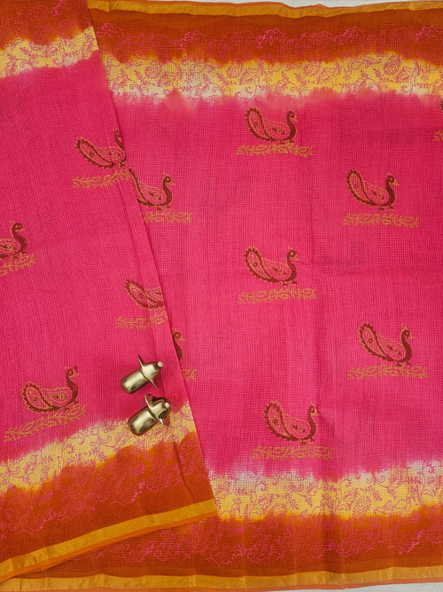 Pure Munga Checks Cotton with Hand Block Printed Sarees - Pink with Orange