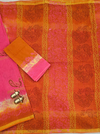 Pure Munga Checks Cotton with Hand Block Printed Sarees - Pink with Orange