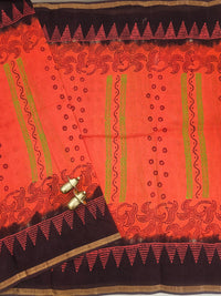 Pure Munga Checks Cotton with Hand Block Printed Sarees - Orange with Coffee Brown