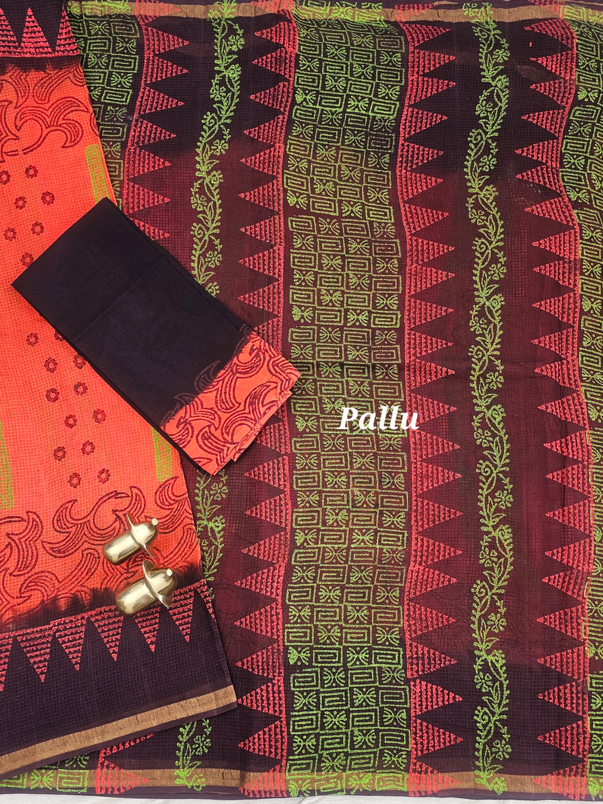 Pure Munga Checks Cotton with Hand Block Printed Sarees - Orange with Coffee Brown
