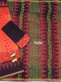 Pure Munga Checks Cotton with Hand Block Printed Sarees - Orange with Coffee Brown