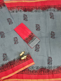 Pure Munga Checks Cotton with Hand Block Printed Sarees - Grey with Red