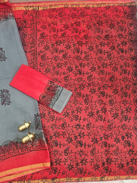 Pure Munga Checks Cotton with Hand Block Printed Sarees - Grey with Red