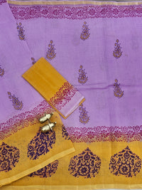 Pure Munga Checks Cotton with Hand Block Printed Sarees - Lavender with