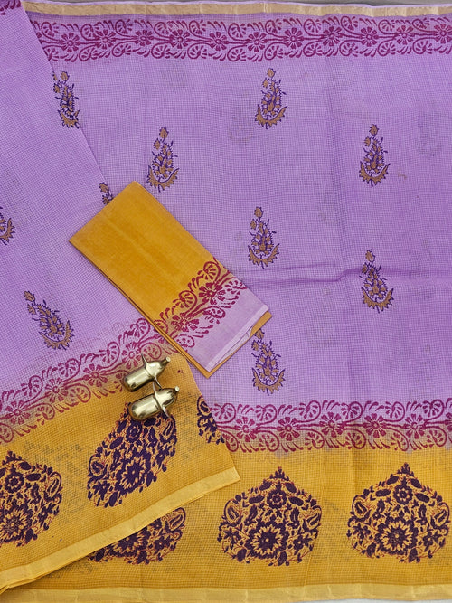 Pure Munga Checks Cotton with Hand Block Printed Sarees - Lavender with
