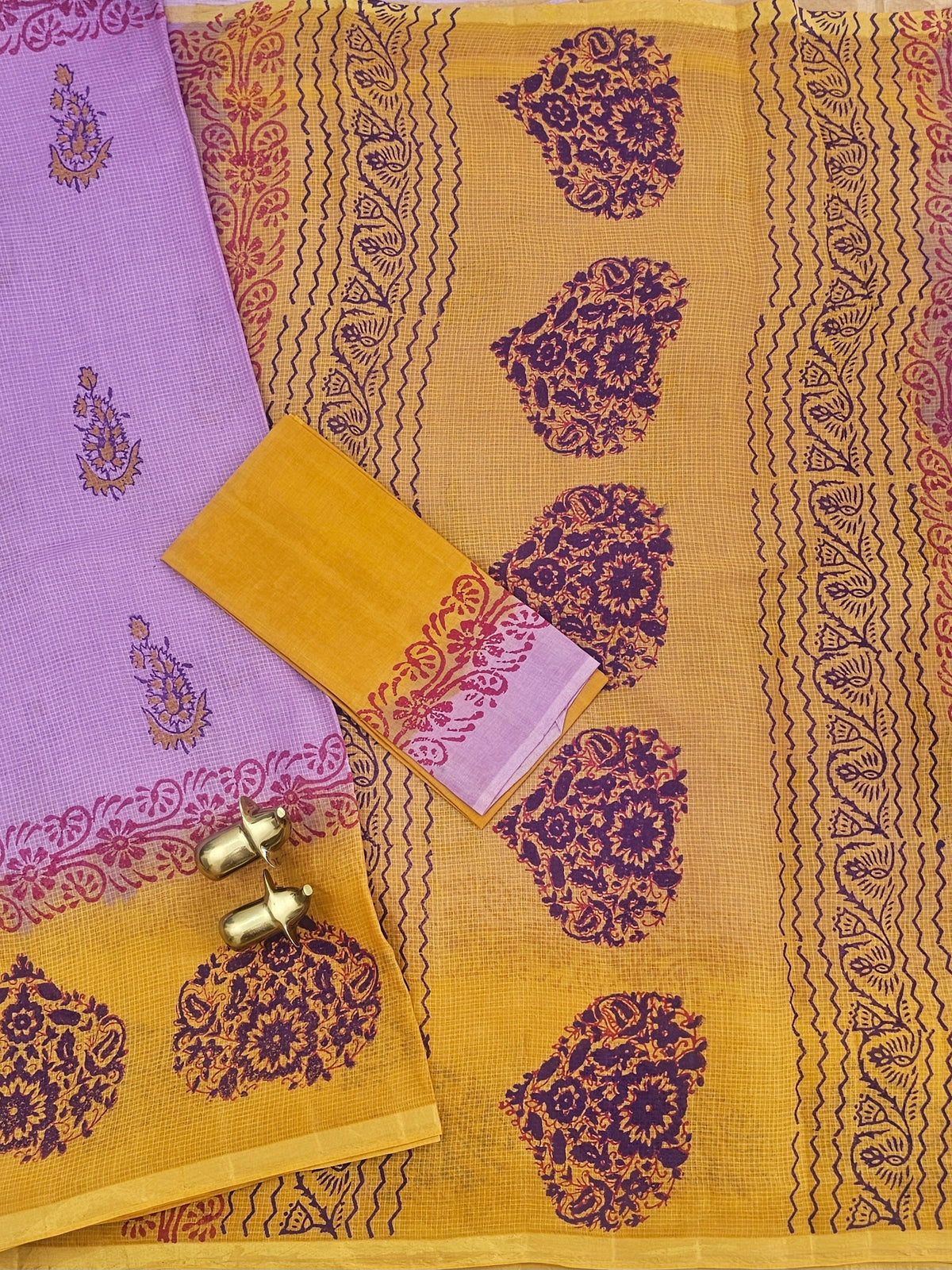 Pure Munga Checks Cotton with Hand Block Printed Sarees - Lavender with