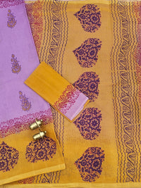 Pure Munga Checks Cotton with Hand Block Printed Sarees - Lavender with