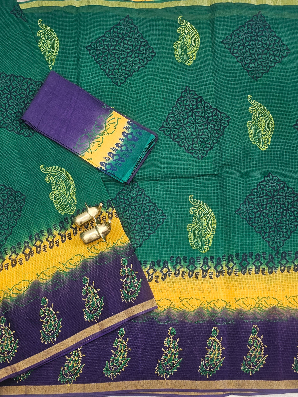Pure Munga Checks Cotton with Hand Block Printed Sarees - Green with Purple