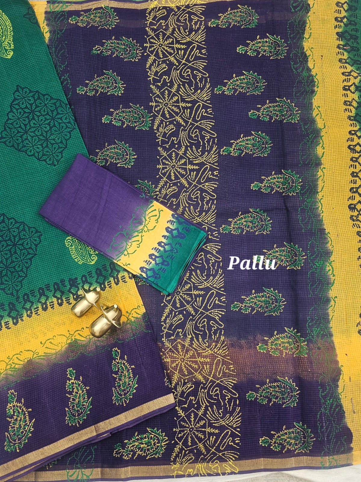 Pure Munga Checks Cotton with Hand Block Printed Sarees - Green with Purple