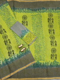 Pure Munga Checks Cotton with Hand Block Printed Sarees - Green with Grey
